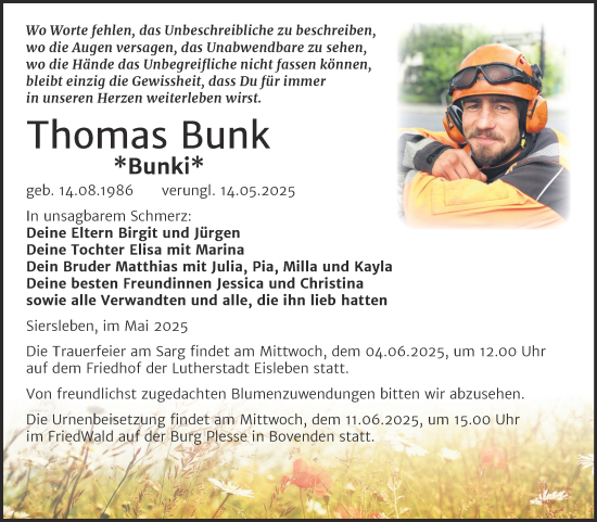 Traueranzeige von Thomas Bunk von Trauerkombi Mansfelder Land