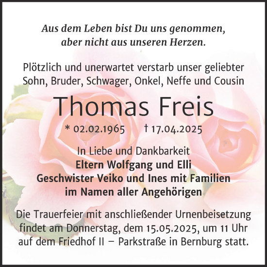 Traueranzeige von Thomas Freis von Trauerkombi Bernburg