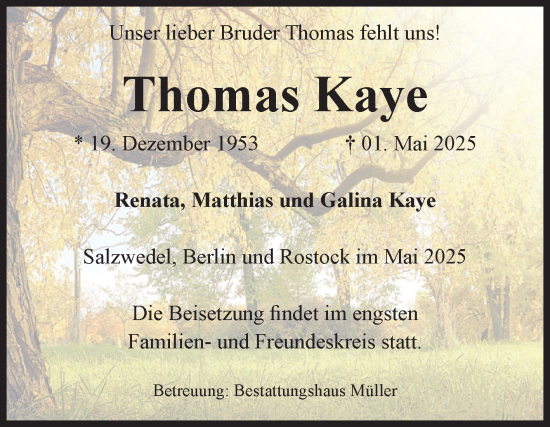 Traueranzeige von Thomas Kaye von Volksstimme Altmark West