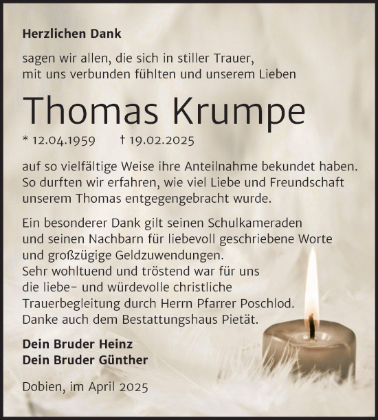 Traueranzeige von Thomas Krumpe von Trauerkombi Wittenberg