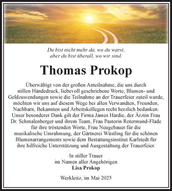 Traueranzeige von Thomas Prokop von Volksstimme Schönebeck
