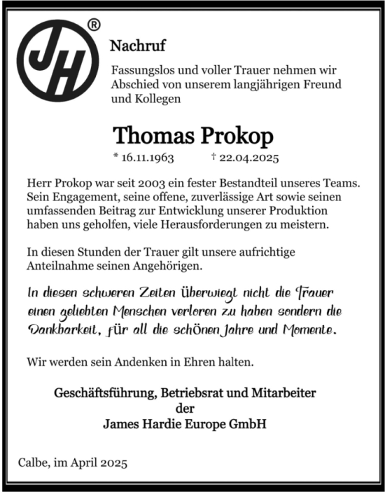 Traueranzeige von Thomas Prokop von Volksstimme Schönebeck