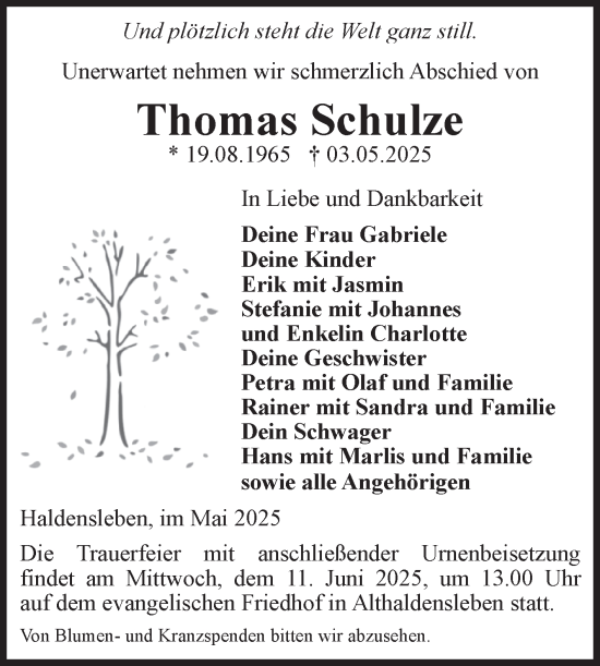 Traueranzeige von Thomas Schulze von Volksstimme Haldensleben/Wolmirstedt
