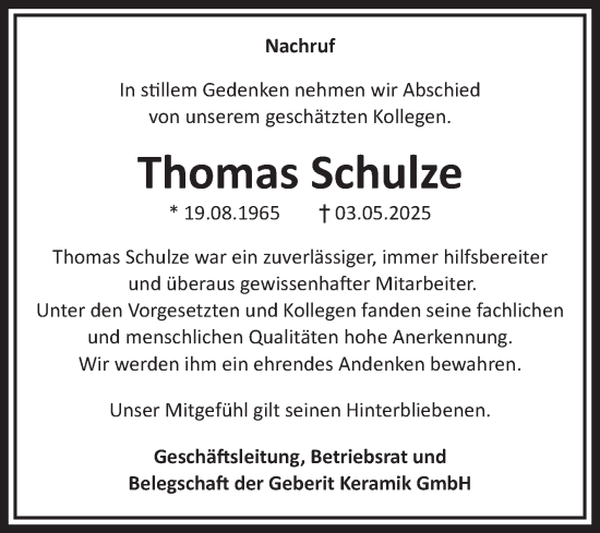 Traueranzeige von Thomas Schulze von Volksstimme Haldensleben/Wolmirstedt