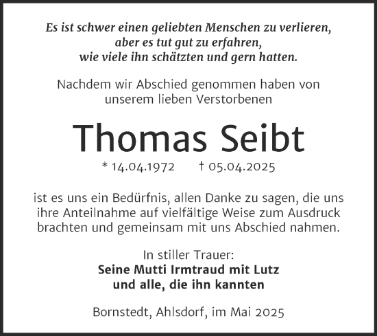 Traueranzeige von Thomas Seibt von Trauerkombi Mansfelder Land
