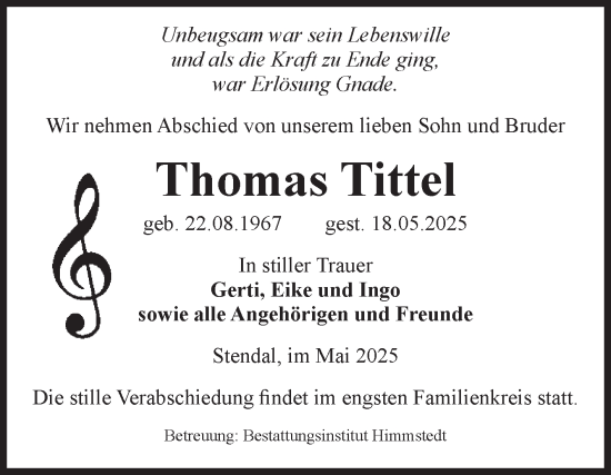 Traueranzeige von Thomas Tittel von Volksstimme Altmark Ost