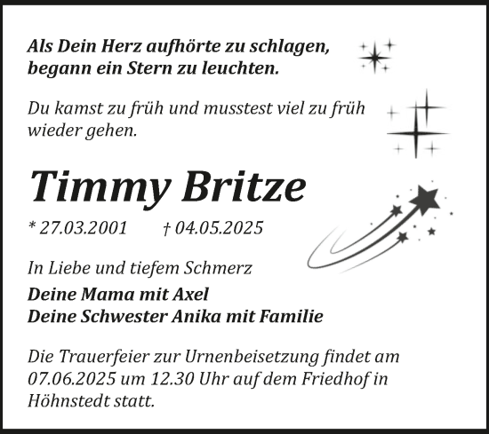 Traueranzeige von Timmy Britze 