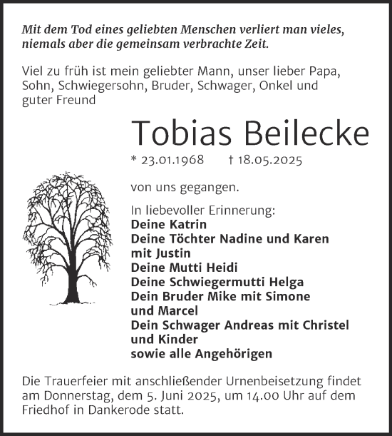 Traueranzeige von Tobias Beilecke von Trauerkombi Quedlinburg