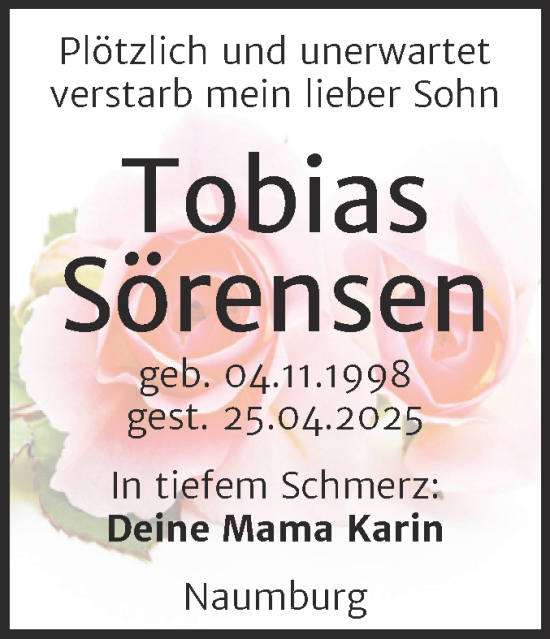 Traueranzeige von Tobias Sörensen von Super Sonntag Naumburg/Nebra