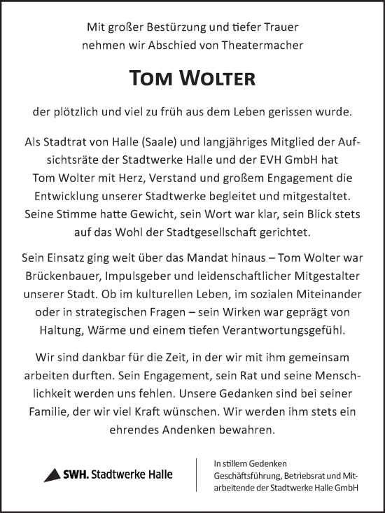 Traueranzeige von Tom Wolter von Mitteldeutsche Zeitung Halle/Saalkreis
