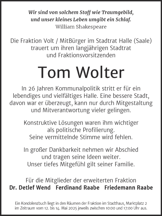 Traueranzeige von Tom Wolter von Mitteldeutsche Zeitung Halle/Saalkreis