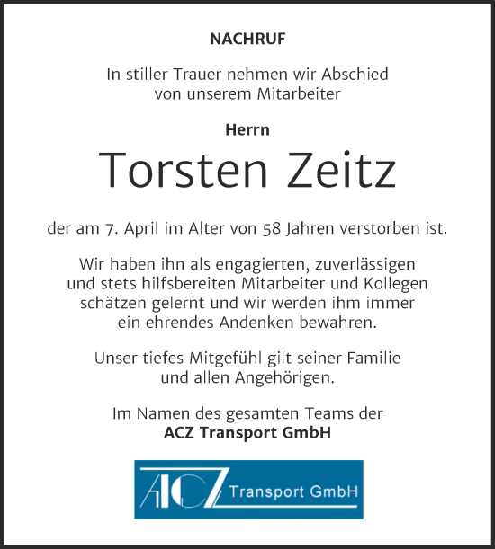 Traueranzeige von Torsten Zeitz von Super Sonntag Aschersleben