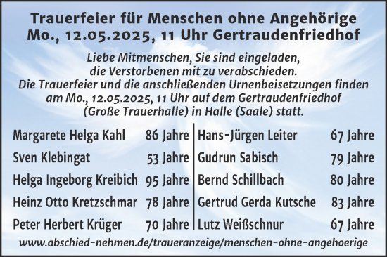 Traueranzeige von Trauerfeier für Menschen ohne Angehörige  von Mitteldeutsche Zeitung Halle/Saalkreis
