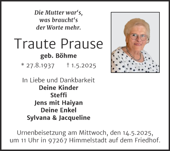 Traueranzeige von Traute Prause von Super Sonntag Zeitz