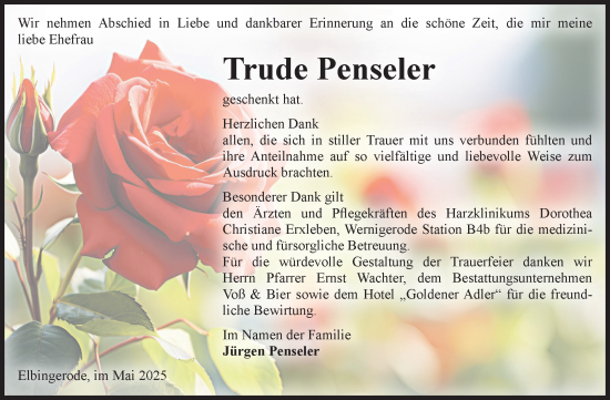Traueranzeige von Trude Penseler von Volksstimme Wernigerode