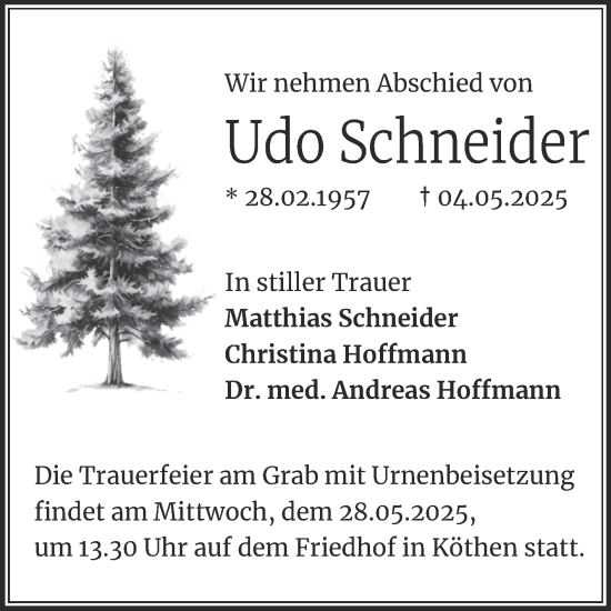Traueranzeige von Udo Schneider von Trauerkombi Köthen