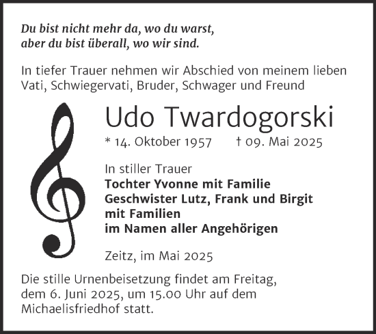 Traueranzeige von Udo Twardogorski von Trauerkombi Zeitz
