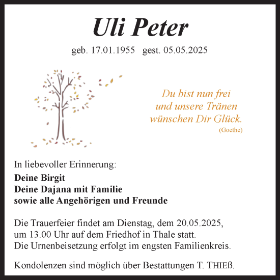 Traueranzeige von Uli Peter von Trauerkombi Quedlinburg