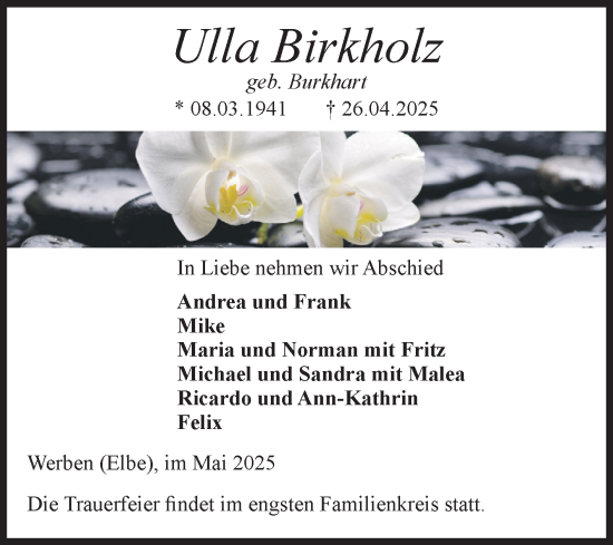 Traueranzeige von Ulla Birkholz von Volksstimme Altmark Ost