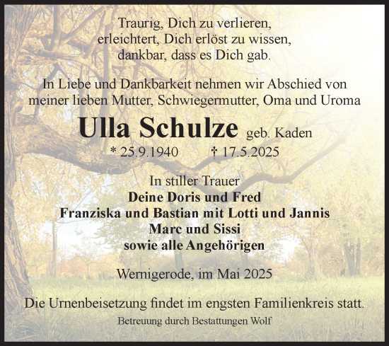Traueranzeige von Ulla Schulze von Volksstimme Wernigerode