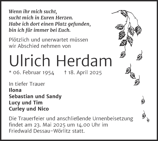 Traueranzeige von Ulrich Herdam von Trauerkombi Dessau