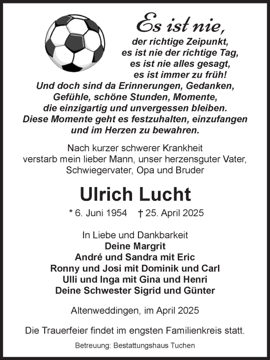 Traueranzeige von Ulrich Lucht von Volksstimme Oschersleben/Wanzleben