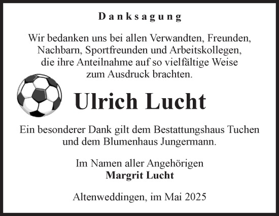 Traueranzeige von Ulrich Lucht von Volksstimme Oschersleben/Wanzleben
