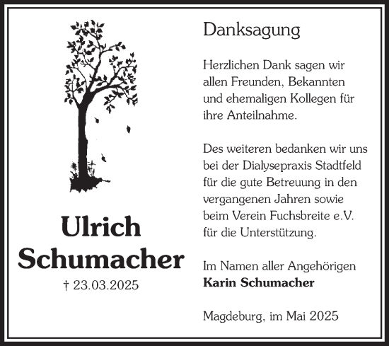 Traueranzeige von Ulrich Schumacher von Volksstimme Magdeburg