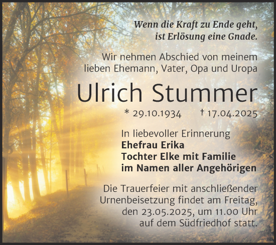Traueranzeige von Ulrich Stummer von Mitteldeutsche Zeitung Halle/Saalkreis