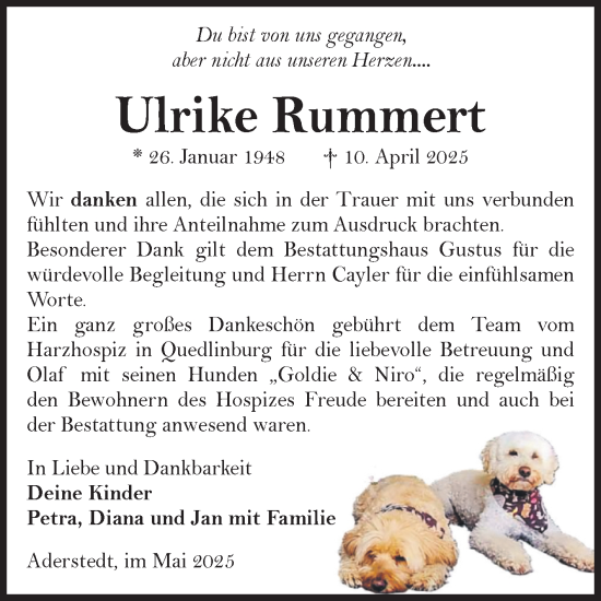 Traueranzeige von Ulrike Rummert von Volksstimme Halberstadt