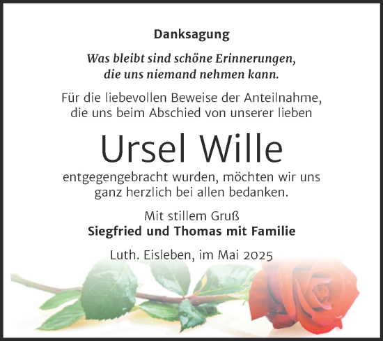 Traueranzeige von Ursel Wille von Trauerkombi Mansfelder Land