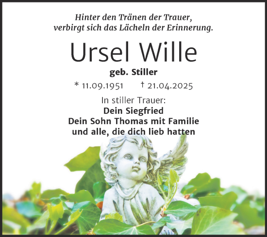 Traueranzeige von Ursel Wille von Trauerkombi Mansfelder Land