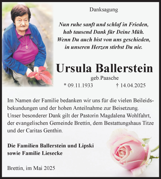 Traueranzeige von Ursula Ballerstein von Volksstimme Burg/Genthin
