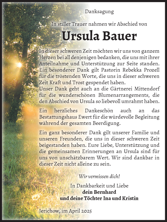 Traueranzeige von Ursula Bauer von Volksstimme Burg/Genthin