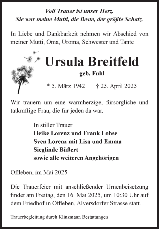 Traueranzeige von Ursula Breitfeld von Volksstimme Schönebeck