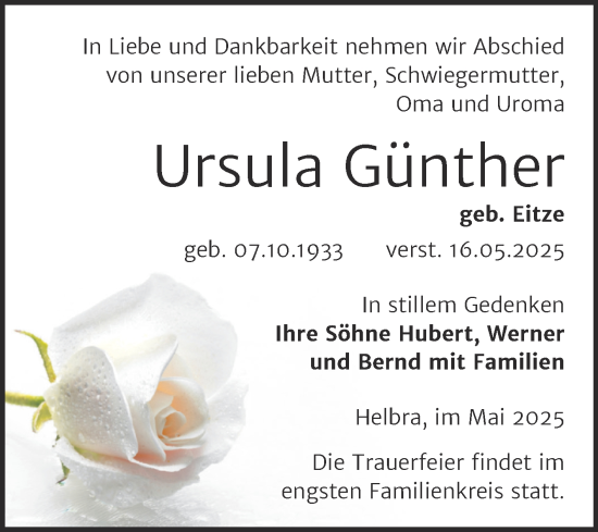 Traueranzeige von Ursula Günther von Trauerkombi Mansfelder Land