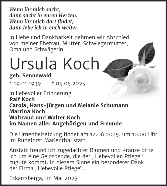 Traueranzeige von Ursula Koch von Super Sonntag Naumburg/Nebra
