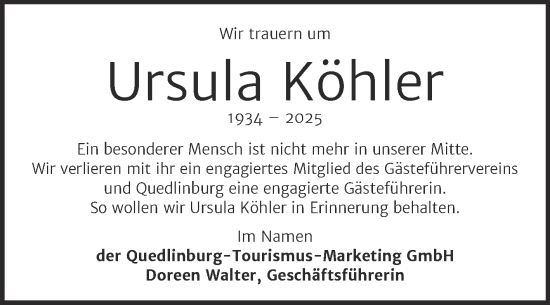 Traueranzeige von Ursula Köhler von Super Sonntag Quedlingburg