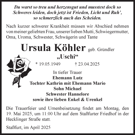 Traueranzeige von Ursula Köhler von Volksstimme Staßfurt