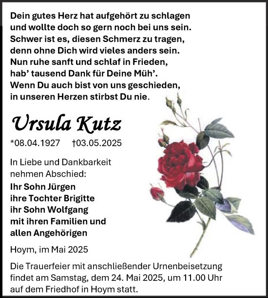 Traueranzeige von Ursula Kutz von Trauerkombi Aschersleben