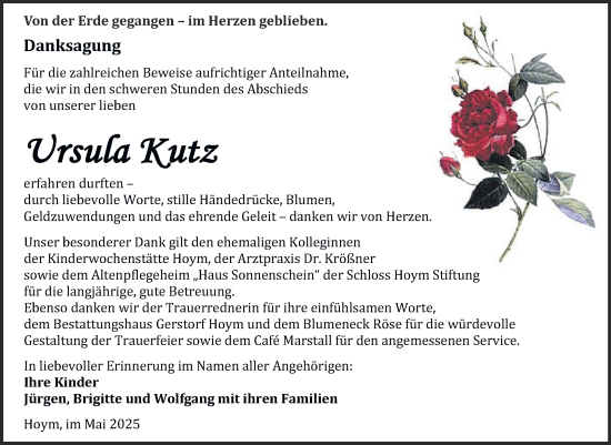 Traueranzeige von Ursula Kutz von Trauerkombi Aschersleben