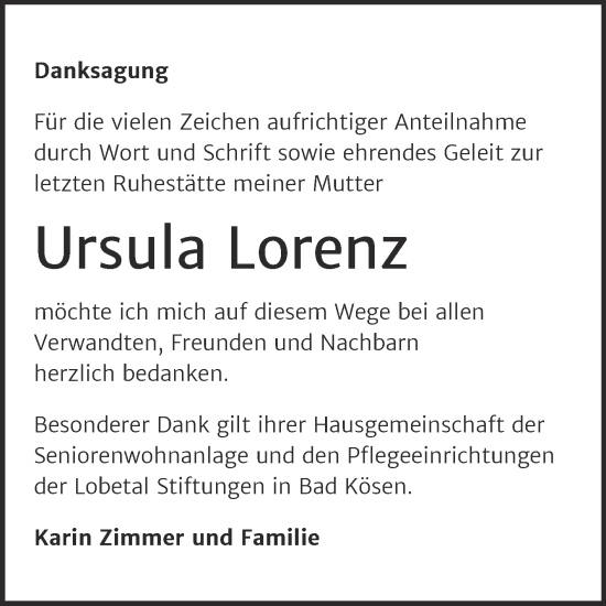 Traueranzeige von Ursula Lorenz von Naumburger Tageblatt