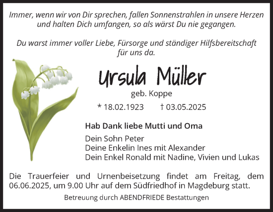Traueranzeige von Ursula Müller von Volksstimme Magdeburg