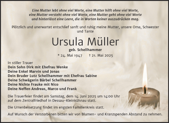 Traueranzeige von Ursula Müller von Trauerkombi Dessau