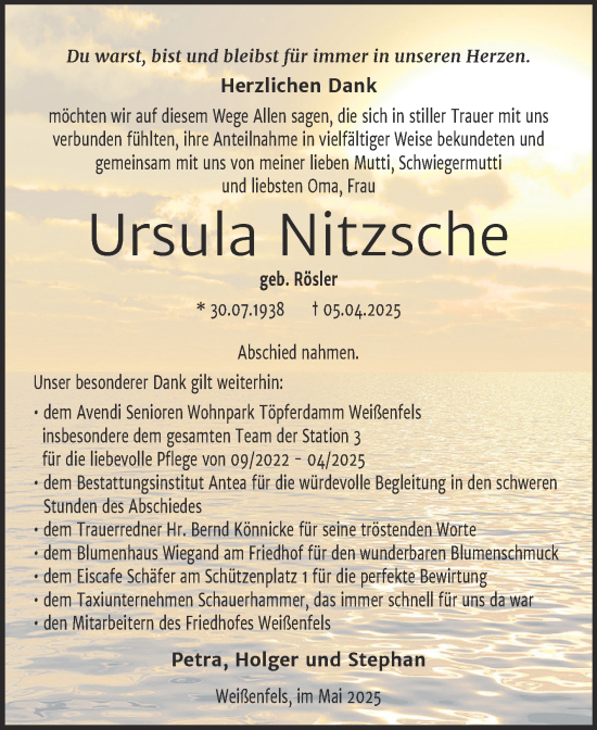 Traueranzeige von Ursula Nitzsche von Trauerkombi Weißenfels