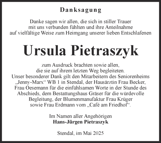 Traueranzeige von Ursula Pietraszyk von Volksstimme Altmark Ost