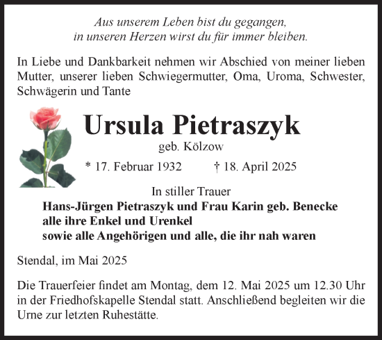 Traueranzeige von Ursula Pietraszyk von Volksstimme Altmark Ost