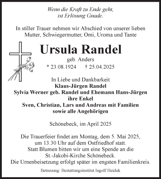 Traueranzeige von Ursula Randel von Volksstimme Schönebeck
