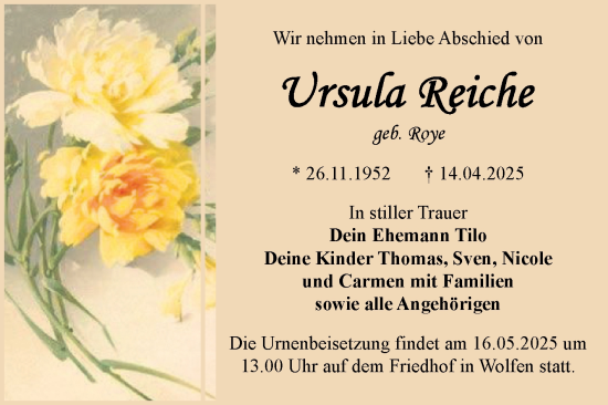 Traueranzeige von Ursula Reiche von Trauerkombi Bitterfeld