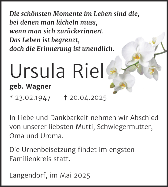 Traueranzeige von Ursula Riel von Trauerkombi Weißenfels
